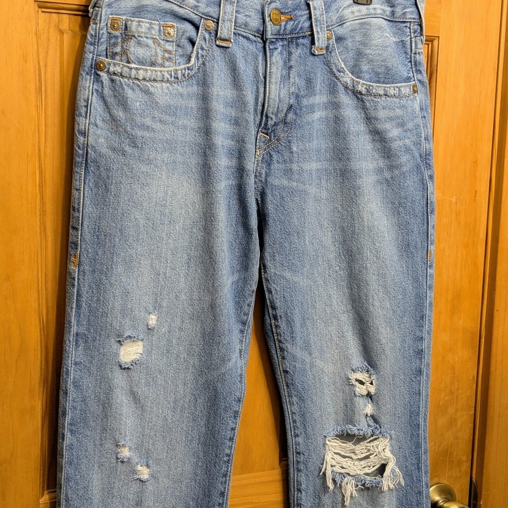 True Religion Mens Jeans Blue 35x32 Ricky Relaxed Straight Distressed  Grunge - Picture 4 of 11